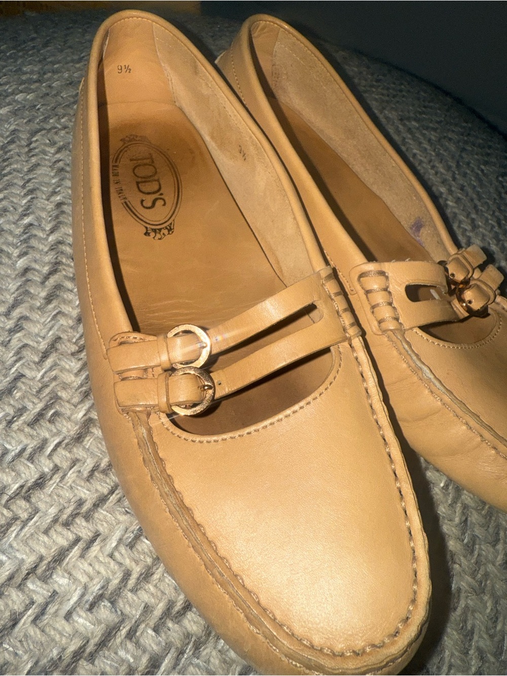 TOD’S Beige Leather Mary Jane Loafers Buckle Accent Almond Toe Women's US 9.5